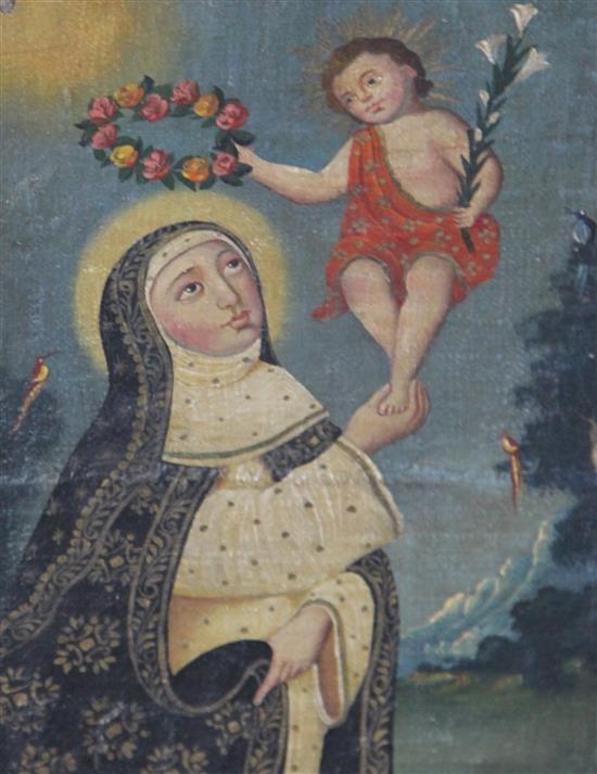 South American School Virgin and child, with lilies and wreath, 8.25 x 6in.